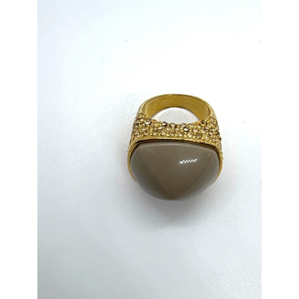 Gold Tone Square Dome Ring Tan Stone Pave' Crystal Sides Size 7 Statement Glam - Picture 6 of 10